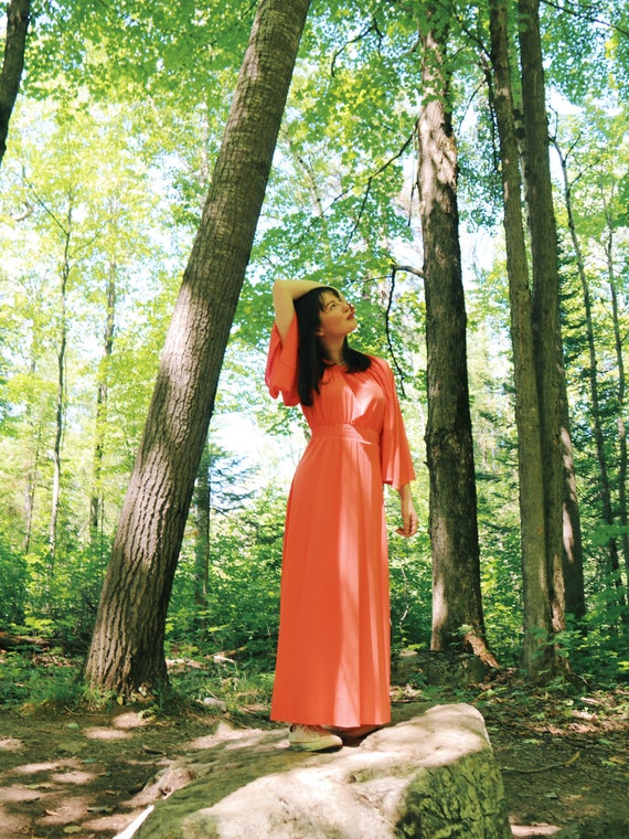 60’s / 70’s Bright Coral Boho Hippie Dress with Be