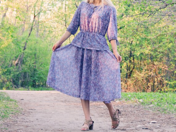 40's / 50's Purple & Blue Breezy Floral Peplum Dre