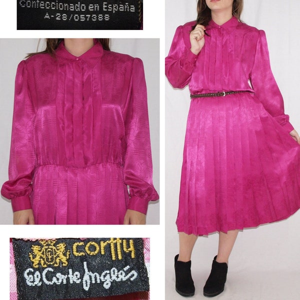 Vintage 60-70's SECRETARY DRESS made in Spain MAGENTA embossed brocades