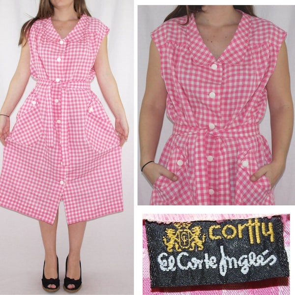 Vintage 60-70's shirtdress MADE in SPAIN pink Vichy gingham El Corte Ingles
