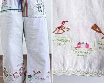 UPCYCLED Mr. Vitamins lounge pants Made with 6 vintage tea towels. Basic shape relaxed fit. Repurposed vintage textiles linens. Embroideries