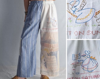 Upcycled lounge pants one of a kind FLOUR SACK from usa, repurpose embroidered tea towels, Sun Bonet tablecloth UNISEX relaxed fit trousers