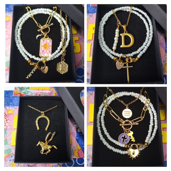 NECKLACES collares CHOKERS gold plated 18k Handmade PERSONALIZED seeds customized letter initial mama opalite mushroom cross sun tarot card