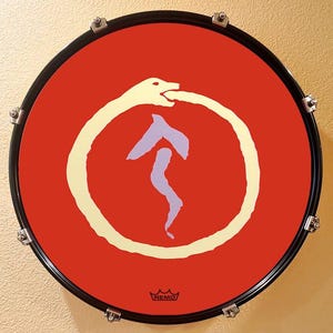 May include: A red drumhead with a black rim features a white ouroboros design, a snake eating its tail, and a purple arrow pointing upwards. The drumhead has the brand name "REMO" printed at the bottom.