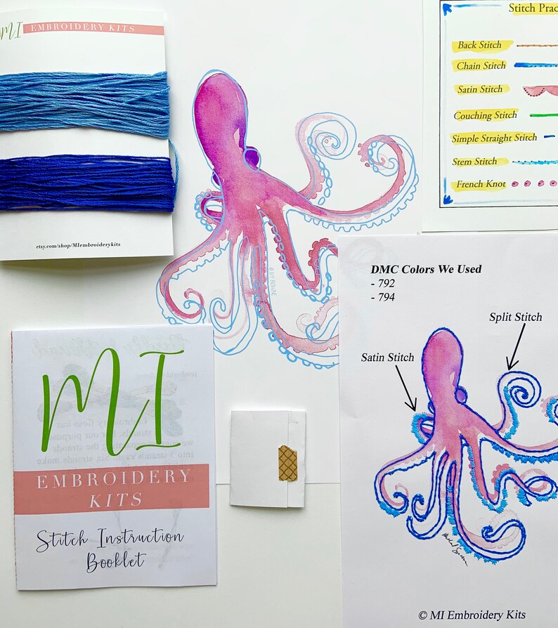 Beach Wall Art Embroidery DIY Art Kit, Octopus Embroidery, Octopus Wall Art DIY Kit, Embroidery