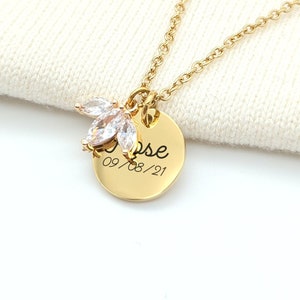 Personalized necklace with zirconium flower charm and medal to engrave, Gift for Mom, Grandma, Godmother, Birth jewelry, Christmas gift for women