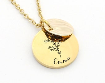 Personalized birth flower necklace and medal to engrave, Necklace for Mom, Godmother, Mother's Day gift, birth gift