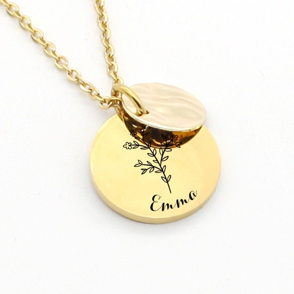 Personalized birth flower necklace and medal to engrave, Necklace for Mom, Godmother, Mother's Day gift, birth gift