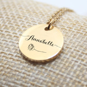 Personalized necklace medal engraved with a rose and first name - Gift for Mom, Godmother, Bridesmaid Gift, Christmas Gift for Women
