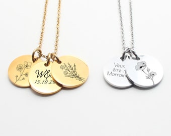 Collier Personnalisé avec fleurs et gravure, Collier pour maman, mamie, marraine, Cadeau fête des mères, Cadeau naissance