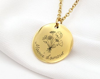 Necklace bouquet of flowers and engraving, Personalized jewelry, Mother's Day gift, Necklace for Mom, Grandma, Bridesmaid gift