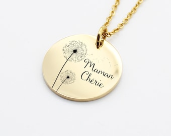 Personalized necklace with dandelion flower and engraving - Mom necklace, Grandma, Godmother Birth gift, Mother's Day gift