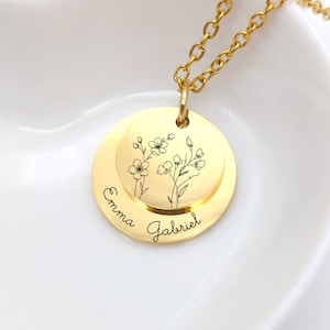 Personalized birth flower necklace with double medals to engrave • Gift for Mom, Godmother, Grandma, Birth Gift, Mother&#39;s Day