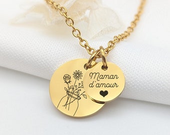 Collier Personnalisé avec bouquet de fleurs et gravure, Collier pour Maman, Marraine, Mamie, Cadeau Naissance, Cadeau fête des mères