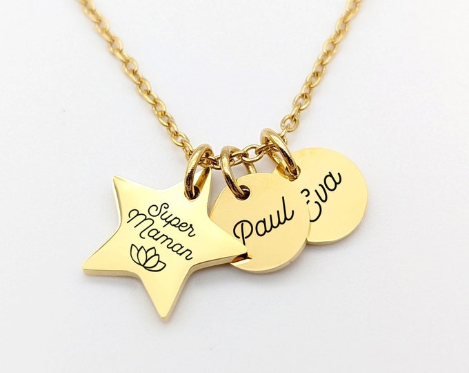 Personalized steel star necklace and medals to engrave • Baptism gift, Mom necklace, Godmother, Birth gift, Mother's Day gift