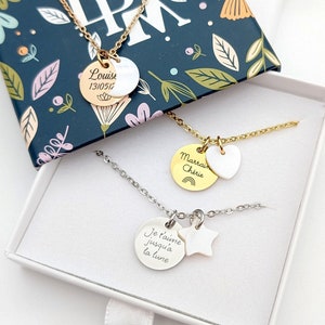 Personalized Stainless Steel Necklace | Engraved Mother-of-Pearl Medallion | Mother-Daughter Jewelry | Christmas Gift Idea for Mom