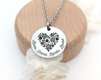 Flower heart necklace and engraving, Personalized first name necklace, Mom gift, Grandma necklace, Mother's Day gift, Personalized EVJF gift