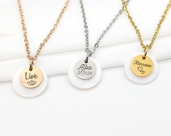 Personalized engraved and mother-of-pearl medal necklace, Necklace for Mom, Grandma, Godmother, Birth gift, Baptism jewelry, Mother's Day gift