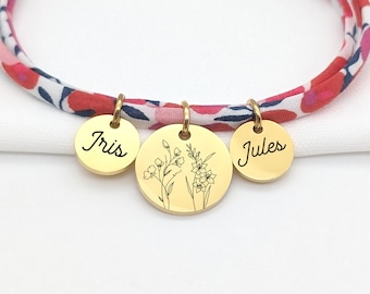 Bracelet Liberty Personnalisé avec fleur de naissance et prénom • Cadeau Maman, Marraine, Mamie, Cadeau naissance, Cadeau Fête des mères