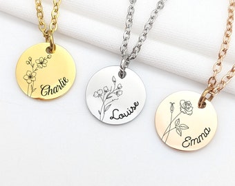 Collier acier inoxydable avec fleur de naissance, Collier personnalisé femme, Cadeau maman, marraine, Cadeau naissance, Bijou fête des mères