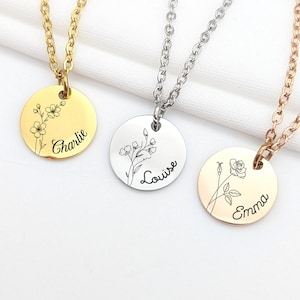 Personalized necklace with birth flower and first name engraving, Mom gift, godmother, Birth gift, Mother's Day gift