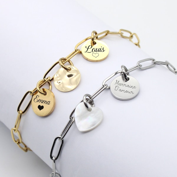 Bracelet personnalisé maillons larges et médailles, Bracelet prénom, Cadeau Maman, Marraine, Cadeau naissance, Cadeau Saint Valentin