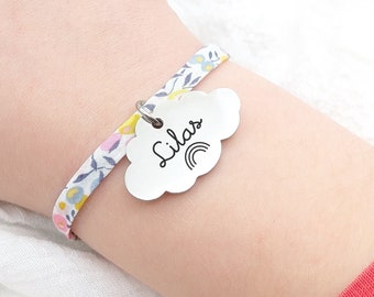 Pulsera infantil de cordón Liberty y Medalla Nube - Regalo infantil personalizado, Joyas de bautizo, Regalo de nacimiento, Joyas de comunión