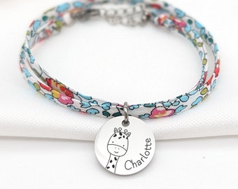 Bracelet enfant Liberty personnalisé, bracelet prénom avec médaille gravée, Cadeau baptême, Cadeau Naissance, Cadeau grande sœur, Filleule