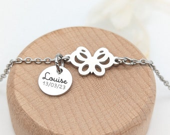Butterfly children's bracelet and medal to engrave - Personalized children's bracelet, Birth gift, Baptism gift, Future big sister gift