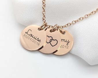 Collier Personnalisé femme médaille ronde, Cadeau Fête des Mères, Collier gravure Prénoms , Cadeau Marraine, Cadeau Nounou personnalisé