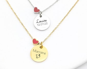 May include: Two necklaces, one gold and one silver, each with a small red heart charm and a circular pendant. The gold necklace pendant says "Marrine" with a small bird graphic. The silver necklace pendant says "Louise 12.07.22".