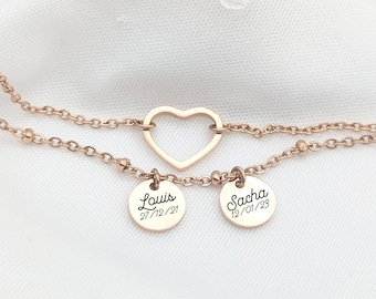 Personalized double heart chain bracelet and medallions to engrave •, Mother's Day gift, Mom gift, Godmother gift, Birth gift