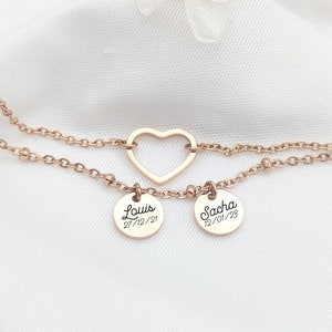 Personalized double heart chain bracelet and medallions to engrave •, Mother's Day gift, Mom gift, Godmother gift, Birth gift