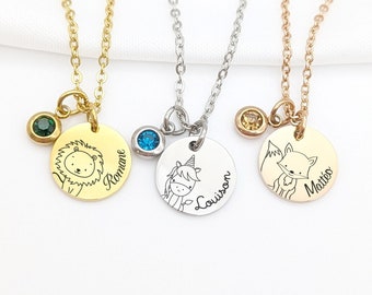 Personalized animal child necklace, First name and birthstone necklace, Baptism gift, Birth gift, Big sister gift, Goddaughter