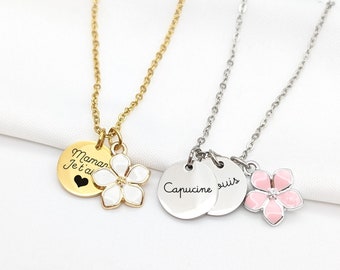 Collier personnalisé acier inoxydable avec fleur émaillée, Cadeau Fête des Mères, Collier Maman, Mamie, Marraine, Cadeau naissance, Nounou