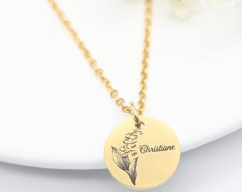 Personalized Women's Necklace Engraved Lily of the Valley Medal