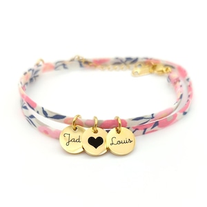 Bracelet liberty Personnalisé avec médailles gravées et breloque, Cadeau Maman, Mamie, Marraine, Bijou naissance, Cadeau fête des mères