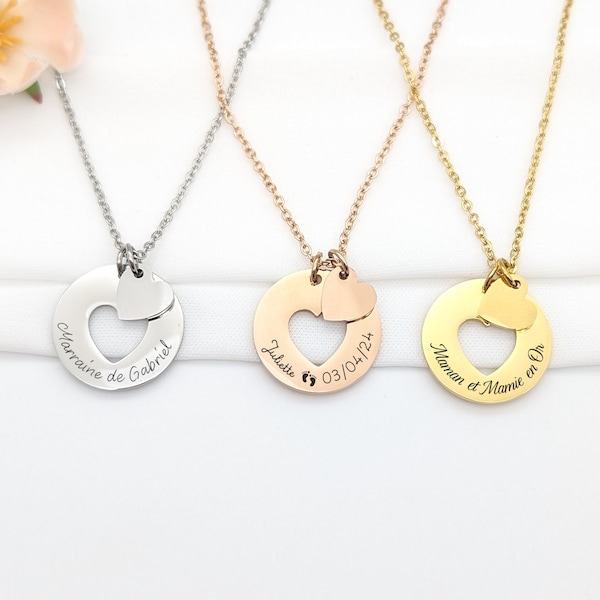 Collier pendentif cœur, Collier personnalisé femme, Bijou pour Maman, Mamie, Bijou Marraine, Cadeau Naissance, Cadeau fête des mères