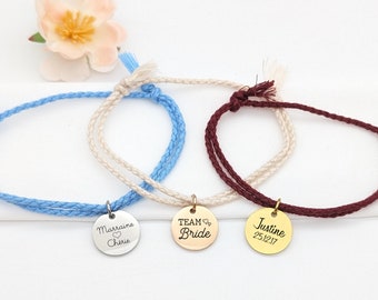 Pulsera personalizada de cordón de algodón con medalla grabada - Pulsera personalizada, Pulsera con nombre, Regalo de despedida de soltera, Regalo de testigo, Joyería para mamá