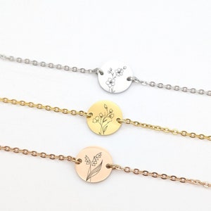 Personalized bracelet with chain and engraved medal Birth flower, Gift for Mom, Grandma, Godmother, Birth, Grandmother&#39;s Day gift