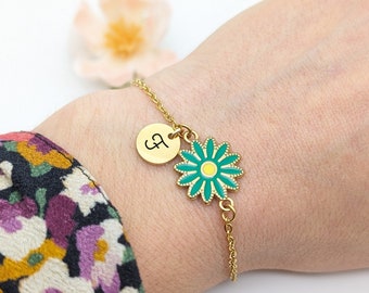 Personalized women's bracelet Colorful flower and medal, Mom Gift, Godmother, Mother's Day Gift, Mistress Gift, Birth Gift