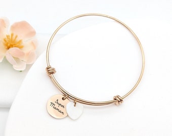 Personalized bangle bracelet with engravable medallion and mother-of-pearl charm, Gift for Mother, Godmother, New Baby Gift, Grandmother's Day Gift