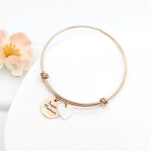 Personalized bangle bracelet with medal to engrave and pearly charm, Mom gift, Godmother, Birth gift, Grandmother's Day gift