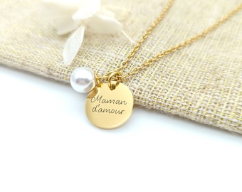 Personalized medallion necklace to engrave and pearl, Mom Gift, Godmother, Grandma, Birth Gift, Bridesmaid Jewelry, Baptism Gift