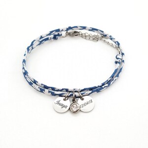 Bracelet personnalisé cordon Liberty avec pierre de naissance, Bijou pour Maman, Marraine, Cadeau naissance, Cadeau Fête des mères Argent