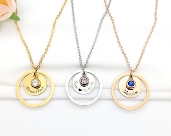 Collier Personnalisé avec cercle et pierre de naissance, Bijou pour Maman, Marraine, Collier Mamie, Cadeau naissance, Cadeau fête des mères