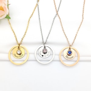 Collier personnalisé en acier inoxydable avec médaille, cercle et pierre de naissance