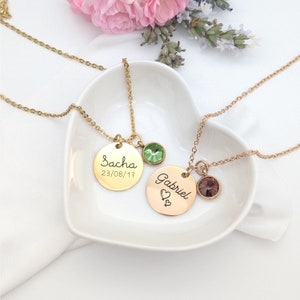Personalized women&#39;s necklace with medal to engrave and birthstone, Unique gift for women, Name necklace, Personalized Christmas gift