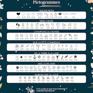 Pu&ograve; includere: Un grafico con pittogrammi in bianco e nero che rappresentano diversi temi, come l'amore, i bambini, lo sport, le celebrazioni, la natura, l'amicizia e i segni zodiacali. Ogni pittogramma &egrave; etichettato con un numero tra parentesi quadre.