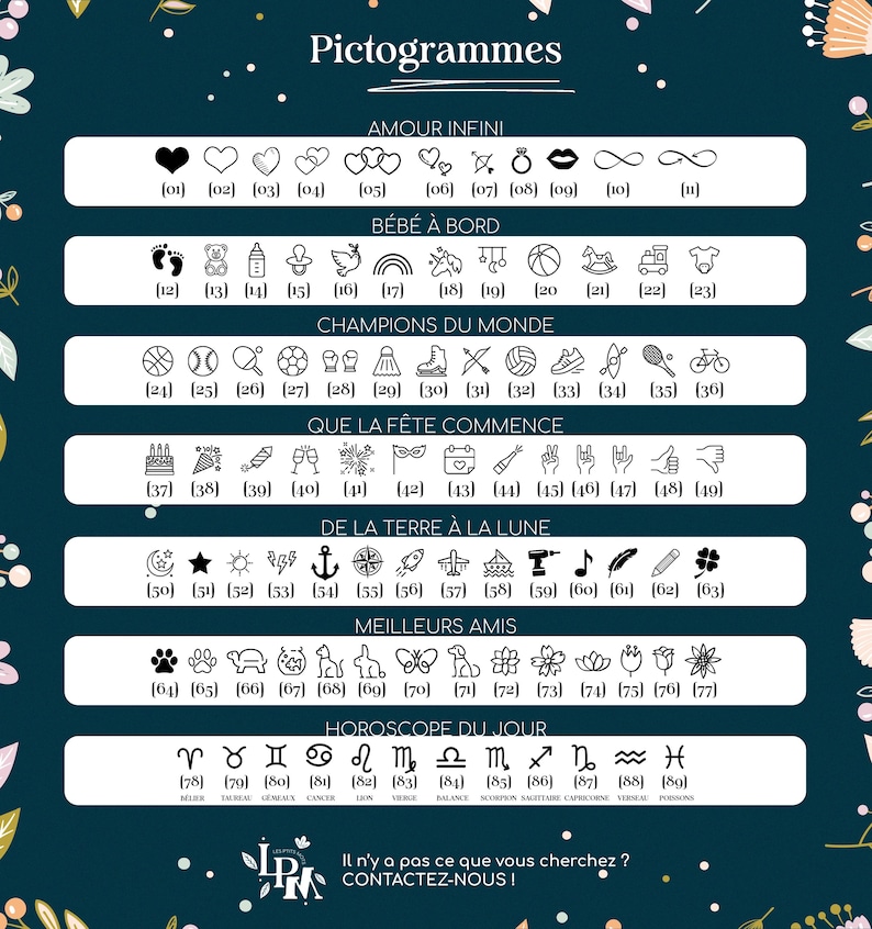 Pu&ograve; includere: Un grafico con pittogrammi in bianco e nero che rappresentano diversi temi, come l'amore, i bambini, lo sport, le celebrazioni, la natura, l'amicizia e i segni zodiacali. Ogni pittogramma &egrave; etichettato con un numero tra parentesi quadre.